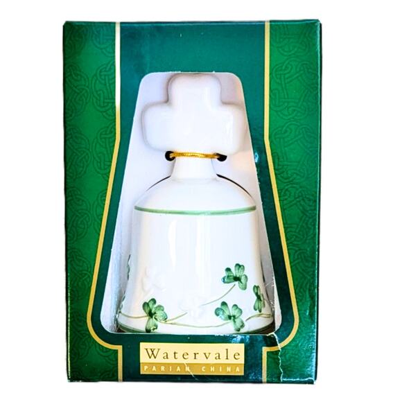 NEW 2005 Watervale Parian White China Irish Green Shamrock Bell w/Cross Handle - Picture 1 of 6